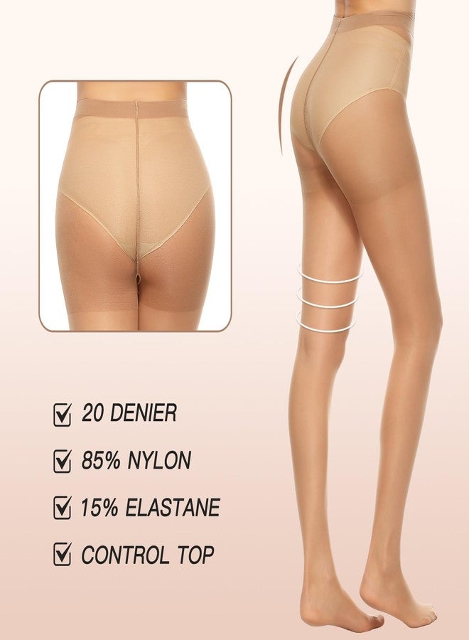 MANZI 6 Pairs 20D Women's Sheer Tights Ultra Thin High Waist Pantyhose Thigh Stockings, Natural M - Image 4